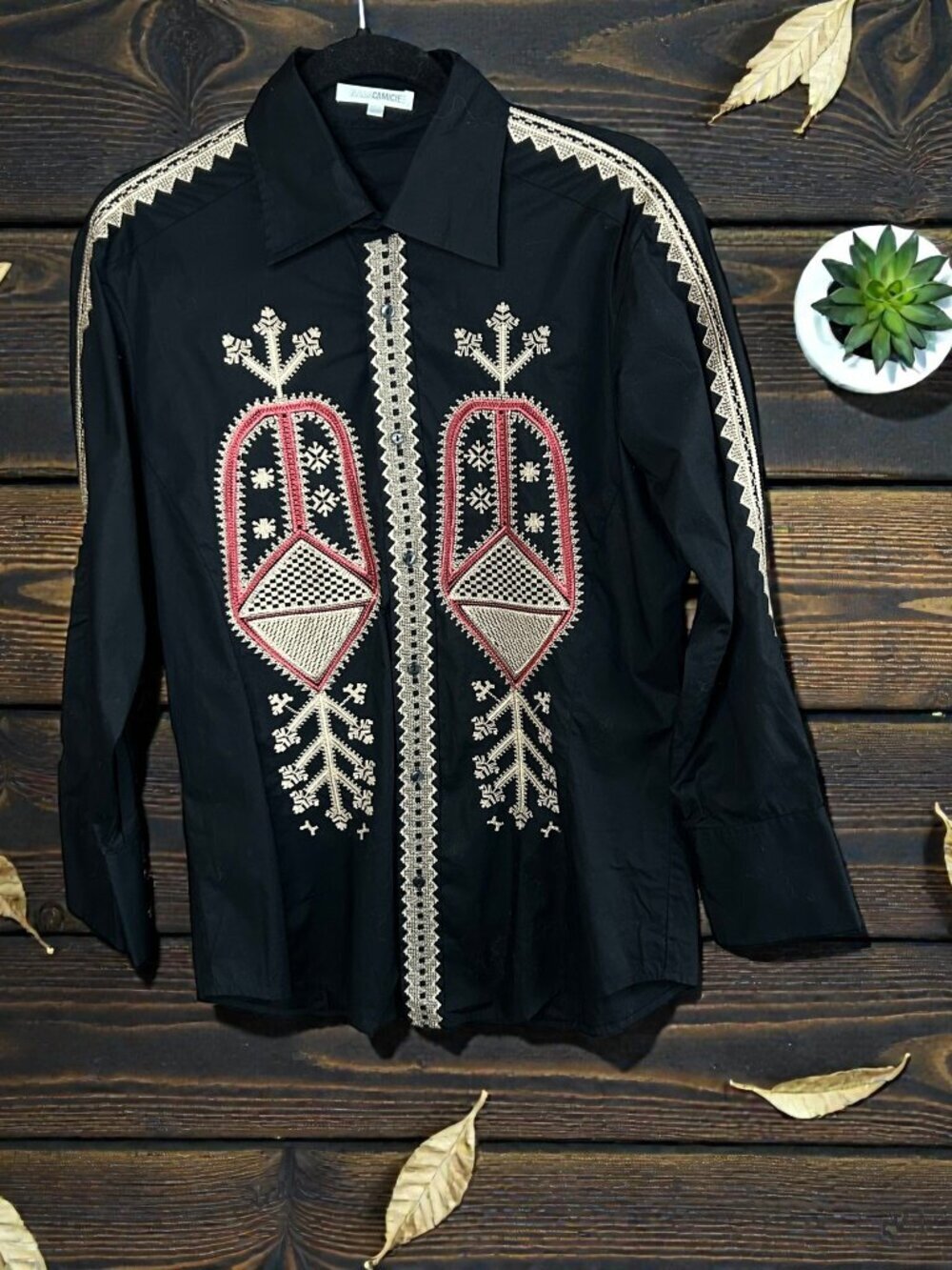 Naracamicie Black Embroidered Ethnic Button Front Stretch Cotton Shirt Size S